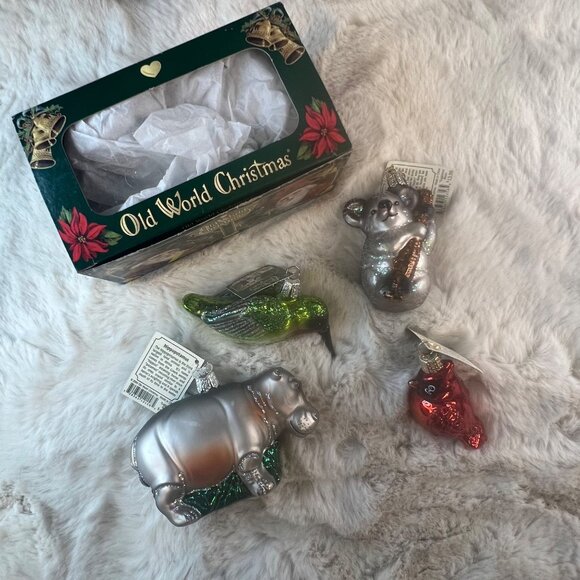 NIB 4x Old World Christmas Blown Glass Hummingbird, Cardinal, Koala, & Hippo - Picture 1 of 9